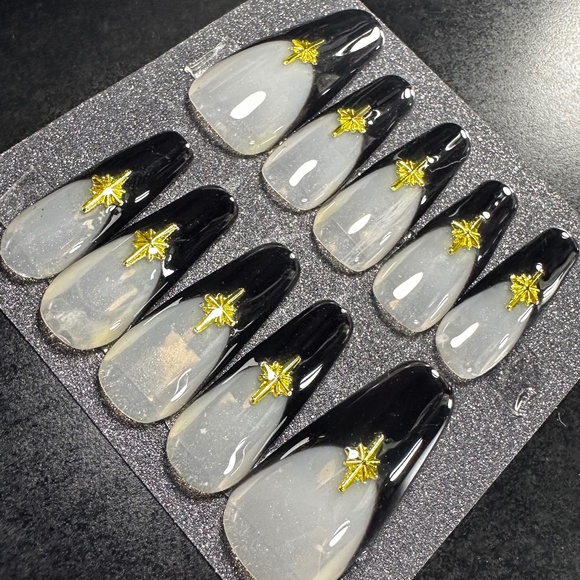 Long coffin french tip black with gold stars handmade press on nails - Picture 1 of 5